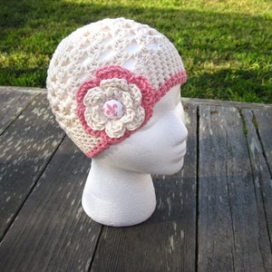 Pattern Sweet cream and rose crochet beanie hat PDF Newborn baby toddler child adult sizes 12mo 18mo 2t 3t Instant Digital Download image 2