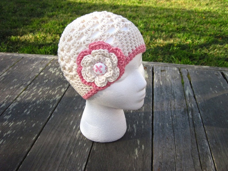 Pattern Sweet cream and rose crochet beanie hat PDF Newborn baby toddler child adult sizes 12mo 18mo 2t 3t Instant Digital Download image 2