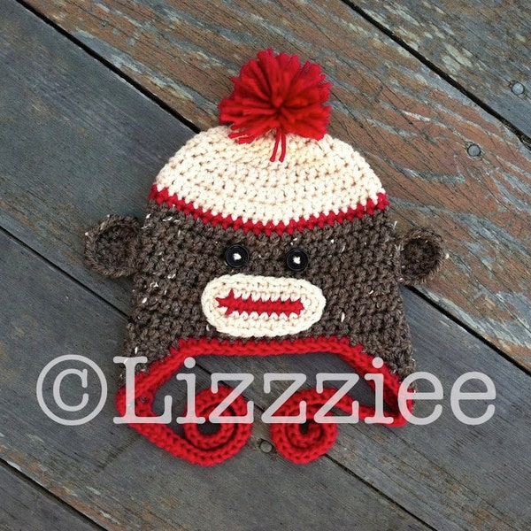 Pattern Sock Monkey Hat Crochet PDF - instructions for beanie, earflap, braids - Newborn, baby, Kids, Teen Adult - Instant Digital Download