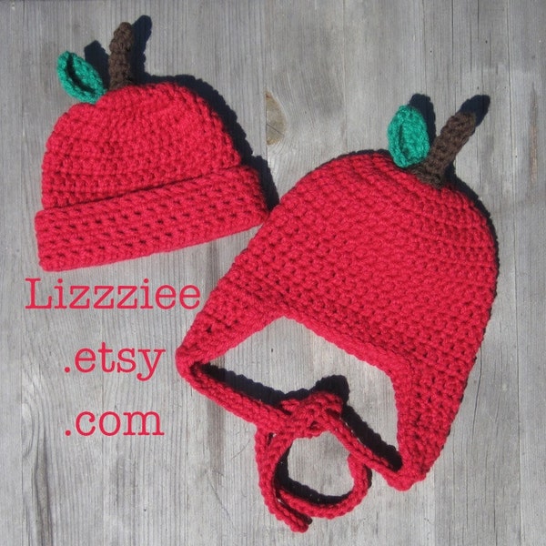 Apple Hat Pattern - Easy crochet hat PDF - Instructions to make earflaps and beanies in 6 sizes, newborn to adult - Instant Digital Download