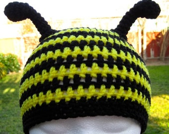 Busy Bee Crochet Hat Pattern PDF  - instructions to make a beanie or earflap hat with braids or ties - Instant Digital Download