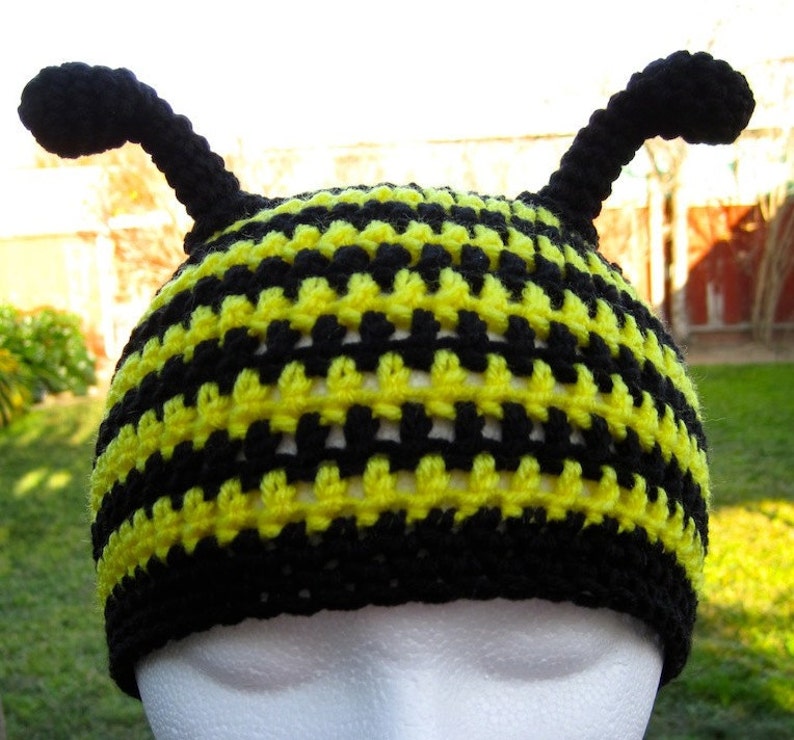 Busy Bee Crochet Hat Pattern PDF instructions to make a beanie or earflap hat with braids or ties Instant Digital Download image 1