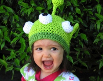 Little Green Monster Hat Crochet Pattern PDF  - instructions for beanie or earflap with braids or ties - Instant Digital Download