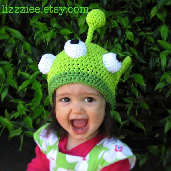 Little Green Monster Hat Crochet Pattern PDF  - instructions for beanie or earflap with braids or ties - Instant Digital Download