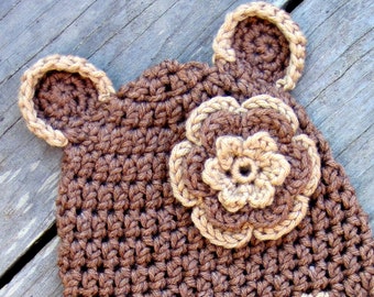 PATTERN Little Bear Crochet Beanie Hat PDF - baby to adult sizes - instructions for beanie, earflap, braids - Instant digital download