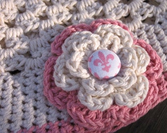 Pattern Sweet cream and rose crochet beanie hat PDF - Newborn baby toddler child adult sizes  - 12mo 18mo 2t 3t - Instant Digital Download