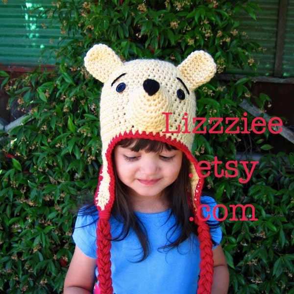 Pooh Bear Hat Pattern PDF - Instructions to make earflaps and beanies in 6 sizes, newborn to adult - Instant Digital Download