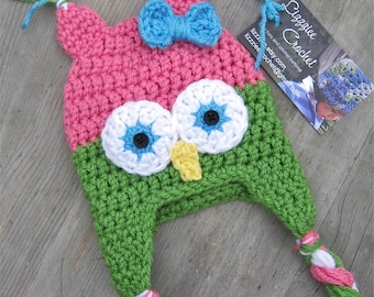 Little Owl Crochet Hat Pattern PDF - Easy, 6 sizes - beanie, earflap - Newborn baby kids toddler- Instant Digital Download