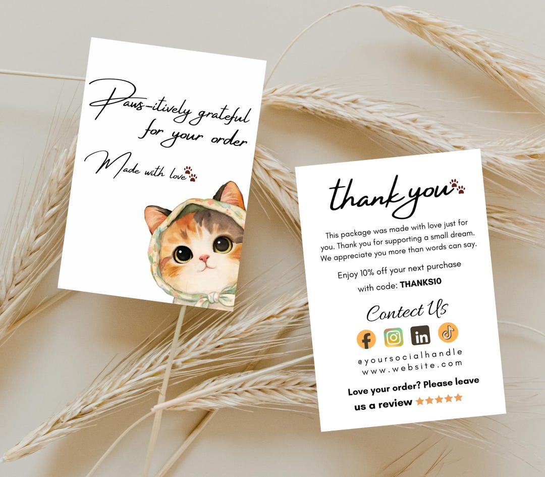 Cat Thank You Card Canva Template | Editable Pet Business Packaging ...