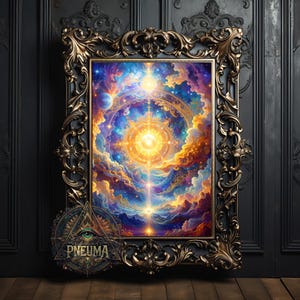 May include: Ornate gold-framed artwork featuring a vibrant celestial scene. The artwork depicts a bright, central light source surrounded by swirling clouds in shades of blue, purple, orange, and yellow. The word "Pneuma" is visible on a circular emblem at the bottom.