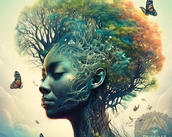 Mother Earth Goddess Digital Download, Surreal Nature Woman Tree of Life Art PNG, Colorful and Spiritual Pneuma Gaia, Serene Mystical Woman