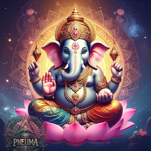 May include: A digital illustration of the Hindu deity Ganesha, depicted with a blue-grey elephant head, seated on a pink lotus flower. Ganesha wears gold jewellery and a jewelled crown, holding a golden object in each hand. The background features a golden mandala and the word "PNEUMA".