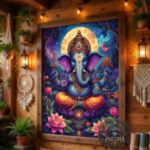 Op de afbeelding: Een ingelijste kunstdruk met een blauwe Ganesha-godheid zittend in een lotushouding tegen een grote gele maan. Het kunstwerk toont levendige roze lotusbloemen, ingewikkelde gouden sieraden en een driehoekig logo met de tekst PNEUMA.