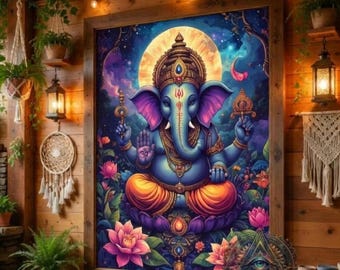 Ganesh konsttryck, boho andligt konstverk nedladdning, meditationsrum Ganesh digitalt, välståndssymbol PNG, hinduisk elefantgudom väggdekor