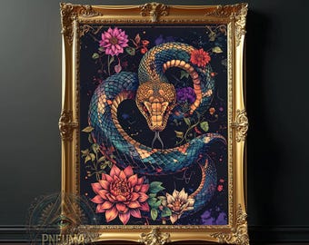 Floral Serpent Art Print, Spirit Snake Shedding Skin, Mystical Wall Decor (Digital Download), New Beginnings Art, Rebirth and Renewal PNG,