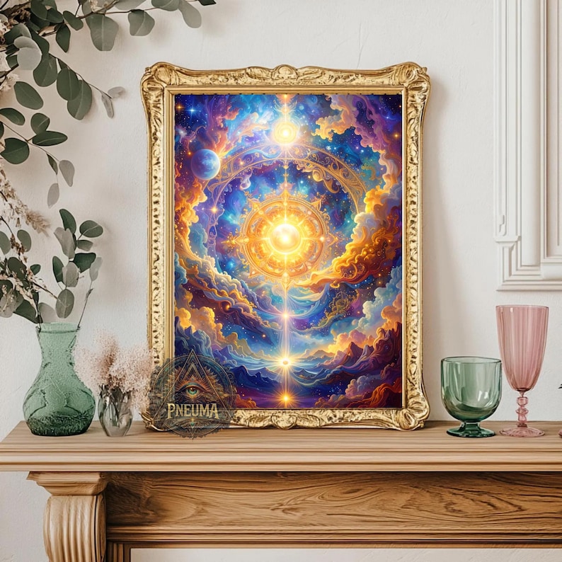 May include: A framed artwork with a celestial theme. The image features a vibrant, colorful depiction of a cosmic scene with swirling clouds, stars, and a central bright light. The frame is gold-colored, and the artwork is displayed on a wooden mantel.