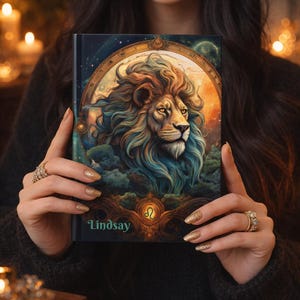 May include: A hardcover journal featuring a vibrant illustration of a lion with a flowing mane in shades of blue, orange, and gold. The cover includes a circular frame, the Leo zodiac symbol, and the name Lindsay printed in a teal script font.