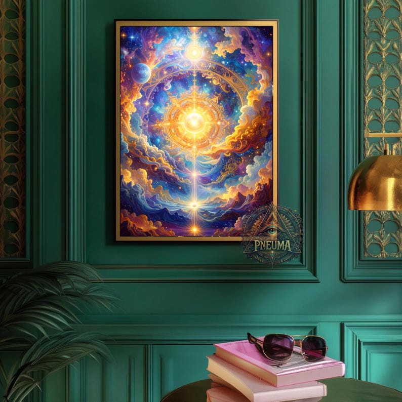 May include: A framed artwork with a celestial theme, featuring a vibrant depiction of a bright light emanating from a central point, surrounded by swirling clouds in shades of blue, orange, and purple. The artwork is in a gold frame.