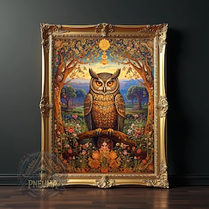 May include: A framed art print featuring a detailed illustration of a great horned owl perched on a branch. The owl has brown and gold feathers and orange eyes. The artwork is set in a colorful floral landscape with a gold ornate frame.