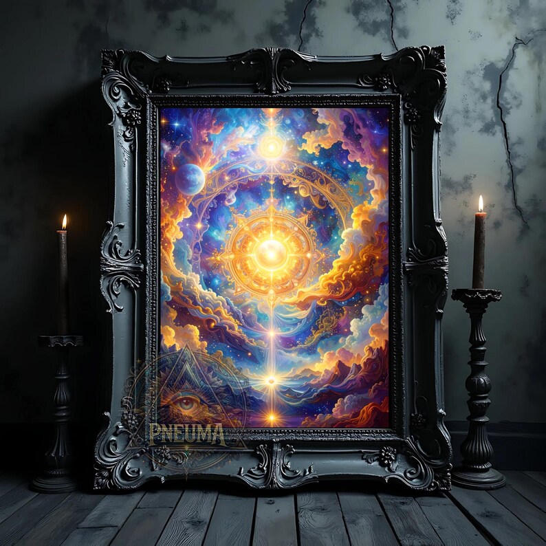 May include: Ornate black framed artwork featuring a vibrant celestial scene with swirling clouds in shades of blue, orange, and yellow. The artwork has a central bright light and the word "Pneuma" at the bottom. Two black candle holders with lit candles flank the artwork.
