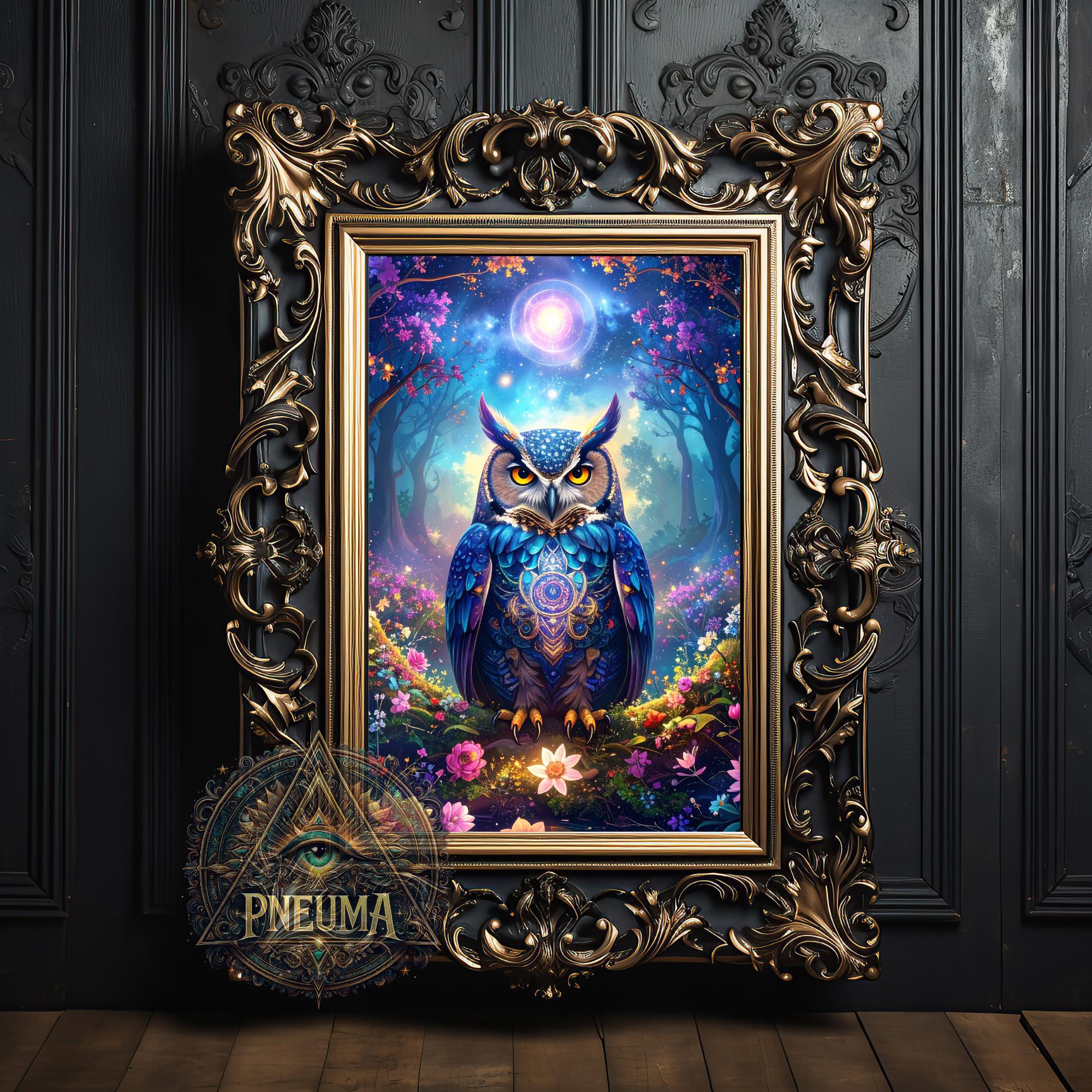 Mystical Owl Art Print, Celestial Wisdom, Forest Scene (Digital Download)
