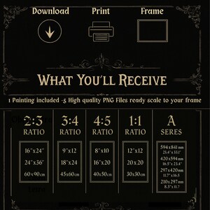 May include: Black digital art print with text and size ratios. The image includes options for download, print, and framing. It lists various size ratios, including 2:3, 3:4, 4:5, and 1:1, with corresponding dimensions in inches and centimeters.