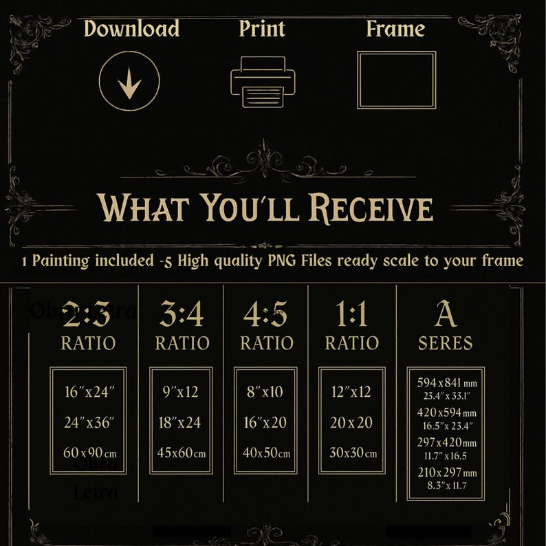 May include: Black digital art print with text and size ratios. The image includes options for download, print, and framing. It lists various size ratios, including 2:3, 3:4, 4:5, and 1:1, with corresponding dimensions in inches and centimeters.