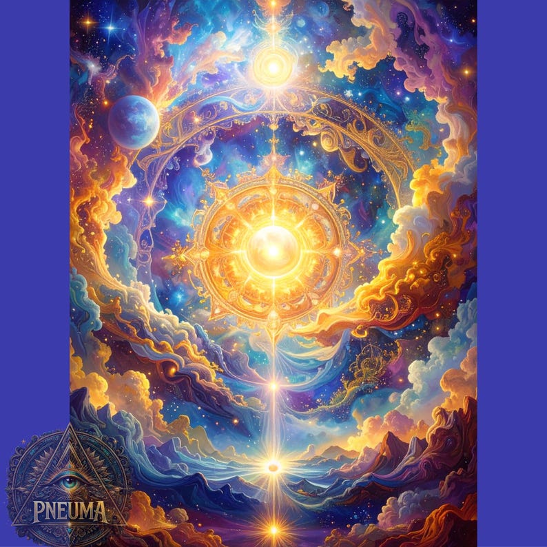 May include: A vibrant digital art print depicting a celestial scene with swirling clouds in shades of blue, orange, and gold. A central, radiant sun-like element is surrounded by intricate golden patterns. The word "PNEUMA" is at the bottom left.