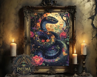 Serpent Transformation Art, Snake Shedding Skin Poster PNG, Spiritual Awakening Wall Art Download, Mystical Floral Print for Boho Home Decor