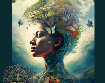 Mother Earth Goddess Digital Download, Surreal Nature Woman Tree of Life Art PNG, Colorful and Spiritual Pneuma Gaia, Serene Mystical Woman