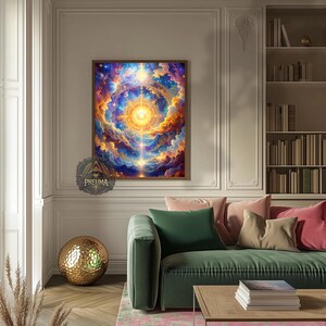 May include: A framed artwork depicting a vibrant, celestial scene with swirling clouds in shades of blue, orange, and yellow. A bright light emanates from the center, with the word "PNEUMA" visible in the lower left corner.