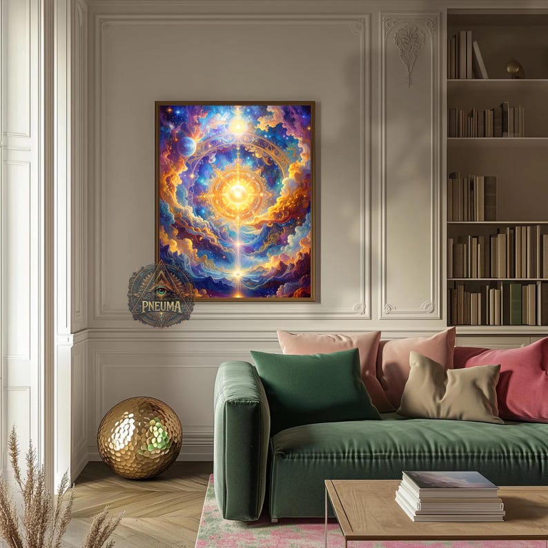 May include: A framed artwork depicting a vibrant, celestial scene with swirling clouds in shades of blue, orange, and yellow. A bright light emanates from the center, with the word "PNEUMA" visible in the lower left corner.