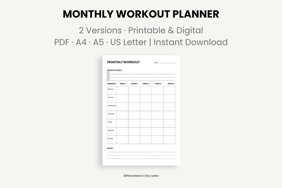 Monthly Workout Planner Printable and Digital, Fitness Log and Journal ...