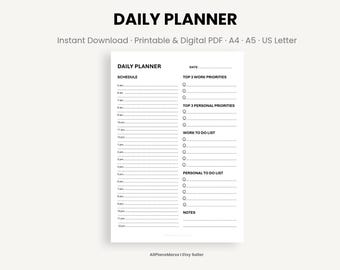 Daily Planner Printable & Digital with Hourly Schedule, Work Personal Priorities PDF A4 A5 US Letter