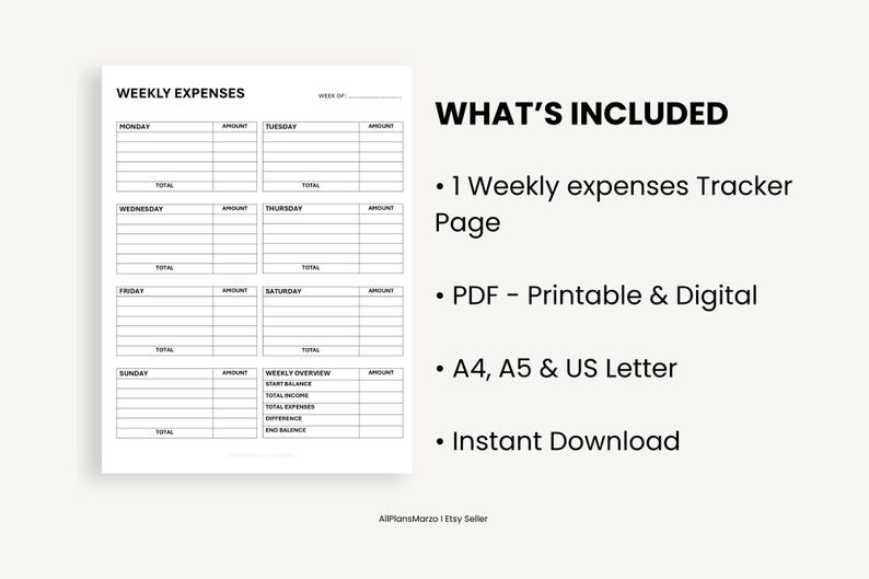 Weekly Expense Tracker Printable Digital PDF, Business Bookkeeping ...