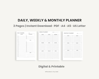 Minimalist Planner Bundle Printable & Digital Daily Weekly Monthly Planner PDF A4 A5 Letter
