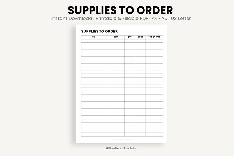 Supplies to Order Tracker Printable & Fillable PDF, Inventory Log, A4 ...