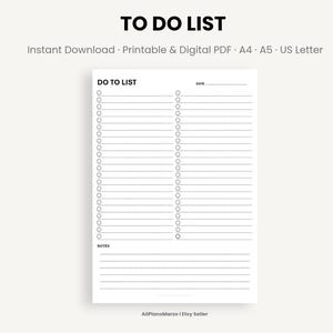 May include: A white printable to-do list with the title "TO DO LIST" at the top. The list includes space for a date, a series of checkboxes, and a section for notes. The text "Instant Download Printable & Digital PDF A4 A5 US Letter" is also visible.