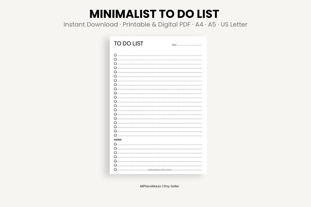 Minimalist To-do List With Notes Printable & Digital PDF A4 A5 US ...