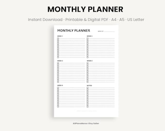 Modern Monthly Planner Printable & Digital PDF To-Do Organizer Instant Download A4 A5 US Letter