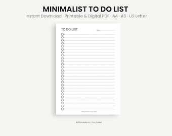 To-Do List Printable & Digital Minimalist Daily Planner PDF A4 A5 US Letter