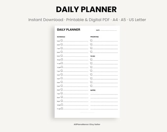 Daily Planner Printable Digital Hourly Schedule To-Do List Priorities Instant Download PDF A4 A5