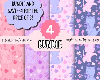 BUNDEL set van 4 Cat Valentine naadloze patroon, kattenliefhebber Valentijnsdag herhaalbestand, sublimatie katten, katachtige Valentijn (digitaal png-bestand)