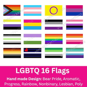 Puede incluir: Una colección de 16 banderas LGBTQ+, cada una con un diseño y esquema de color únicos. Las banderas representan diversas identidades, incluyendo Bear Pride, Aromatic, Progress, Rainbow, Nonbinary, Lesbian y Poly. El texto "LGBTQ 16 Flags" está incluido.