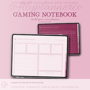 May include: A digital gaming notebook in softly rose featuring two tablet screens displaying a character sheet and an achievement tracker. Text includes "softlyplannerco", "GAMING NOTEBOOK", "build-your-own-planner", and "IN SOFTLY ROSE".