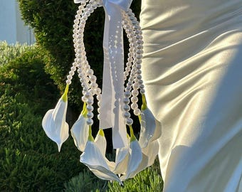 Calla Lily Pearl Hoop Bridal Bouquet, Modern Wedding Flowers, Faux Wedding Flowers