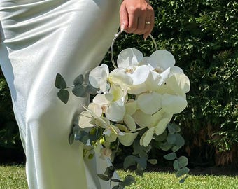 White Orchid and Eucalyptus Hoop Bridal Bouquet, Artificial Wedding Flowers, Bride Bouquet, Faux Wedding Flowers