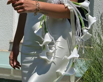 Elegancki bukiet z lilii Calla Halo z perłami – ręcznie robiony bukiet ślubny Kalibridal Handmade
