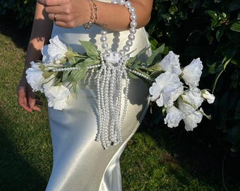 Bukiet ślubny z białego lisianthusa z perłową rączką, elegancki ślub, romantyczne kwiaty, ręcznie robiony sztuczny Kalibridal