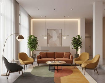 Alfombra geométrica con bloques de colores, moderna y abstracta de mediados de siglo, decoración del hogar en tonos tierra.